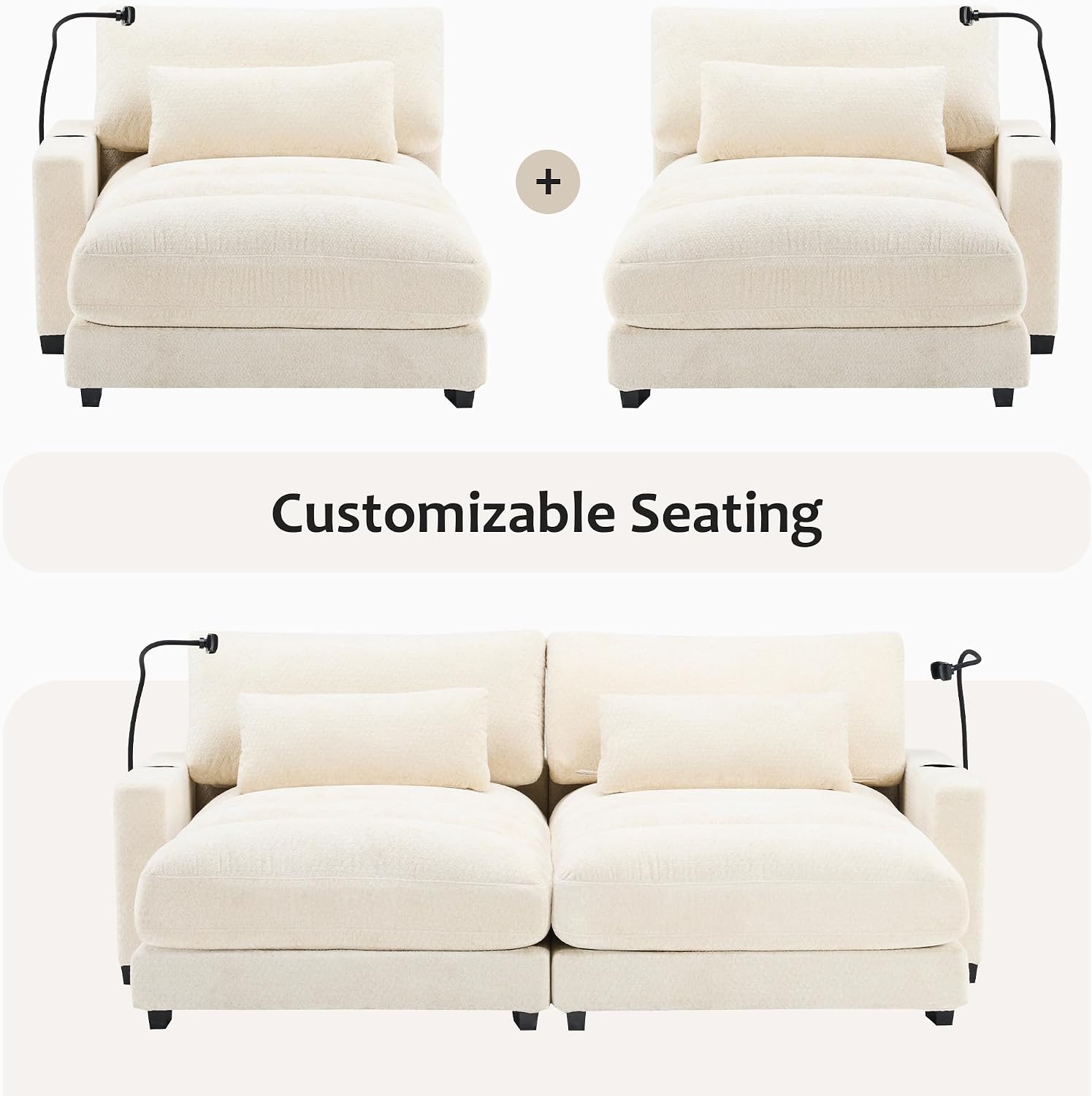 Yoglad Oversized Recliner Lounge Chair with USB Charging & Phone Holder - 400lb Heavy Duty Soft Chenille Reading Chair for Adults, Perfect for Small Spaces in Bedroom/Living Room, Beige