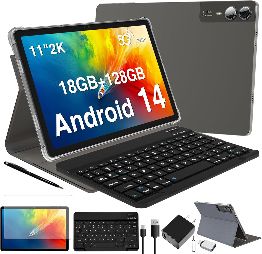 2026 Latest 11 inch Android Tablet, 18GB RAM 128GB ROM, 1TB Expandable, 2K Display, T616 Octa-Core, 13MP+5MP+5MP Camera, 9000mAh Battery, GPS, Face ID, Quad Speakers, Tablet with Keyboard and Pen
