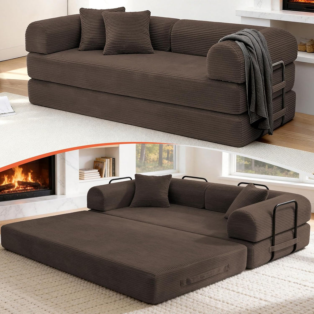 79'' Convertible Sofa Bed, Boneless Couch-in-a-Box, Corduroy Floor Futon Loveseat Sleeper, 26'' Deep Seat, Removable Machine-Wash Covers, No Assembly, 2 Pillows, Brown
