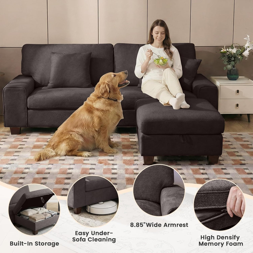 DOPEDIO L-Shaped Sectional Sofa with Storage Ottoman, Modern Chenille Recliner Loveseat, Removable Couch Covers, Pocket Spring Cushions, Solid Wood Frame, Easy to Install (88.58inch, Dark Grey)