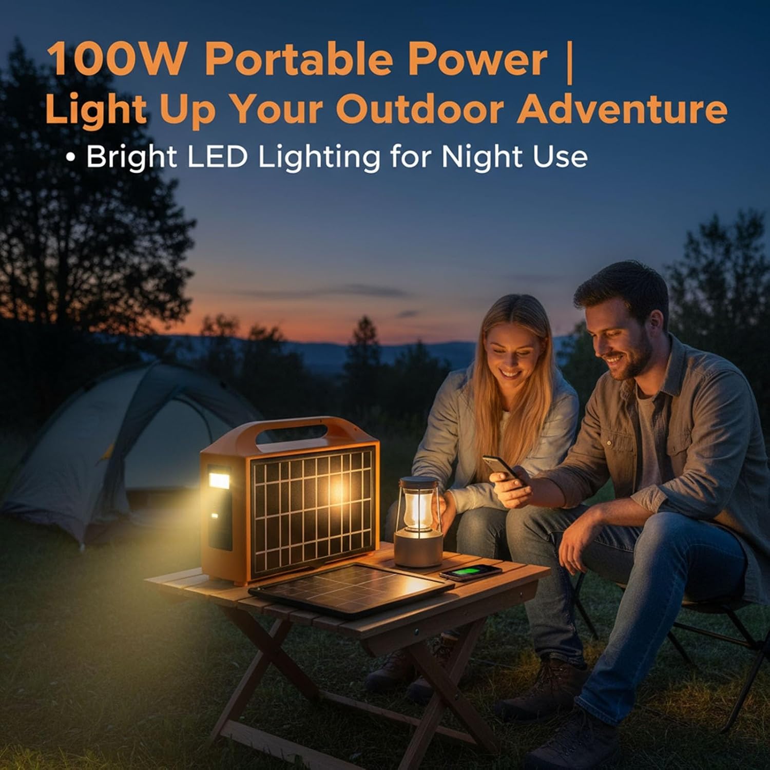 100W Solar Power Station Foldable Solar Panel, Portable Generator LED Lighting AC Outlet LCD Display Safety Protections Home Outdoor Use