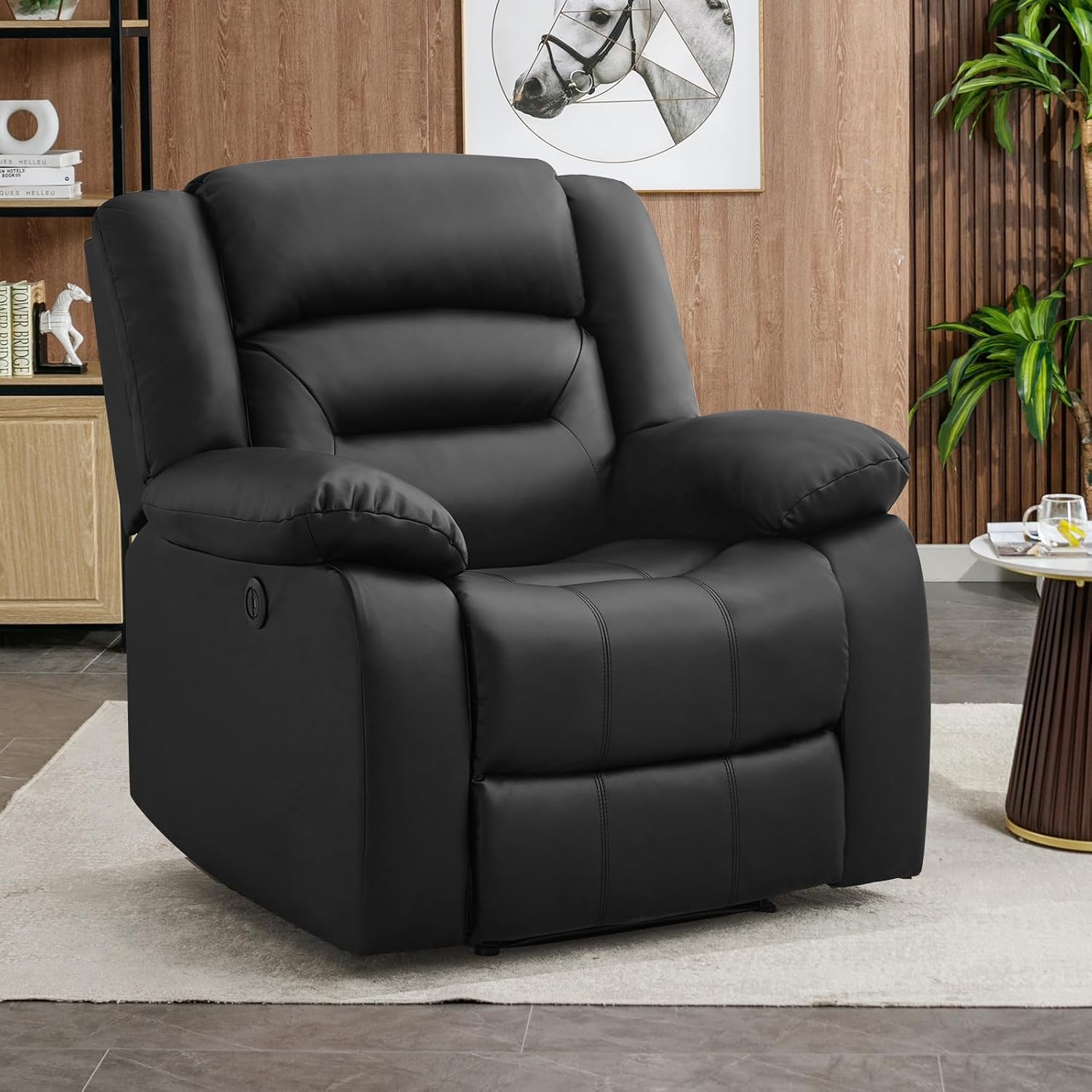 EBELLO Classic Power Recliner Chair, Faux Leather Oversized Electric Overstuffed Chair with Soft Cushion and Back, Sofa with Comfortable Armchair for Living Room, Black