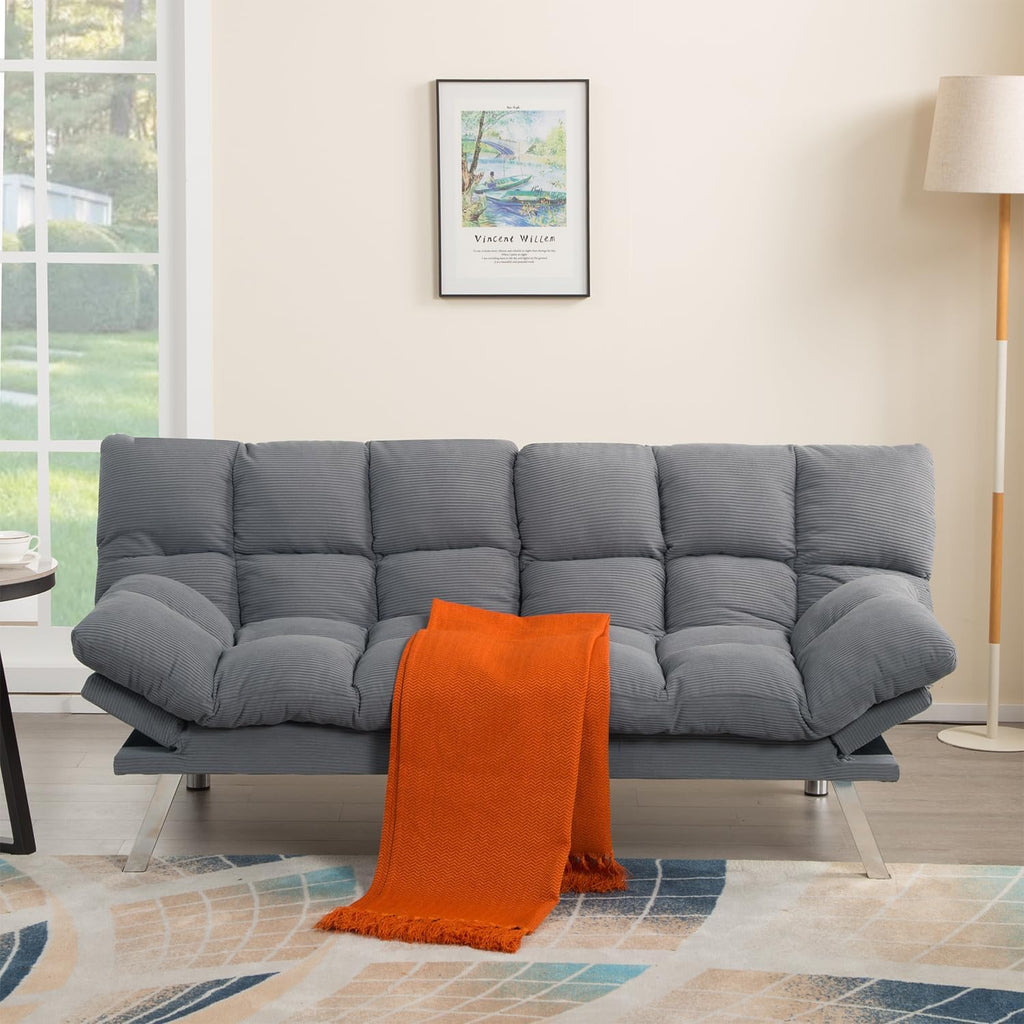 Modern Light Gray Corduroy Convertible Folding Futon Couch Sofa Bed Adjustable Pillow Top Arm Memory Foam Couch Double Loveseat Sofa for Compact Living Space, Apartment, Bedroom (67.3' Light Gray)