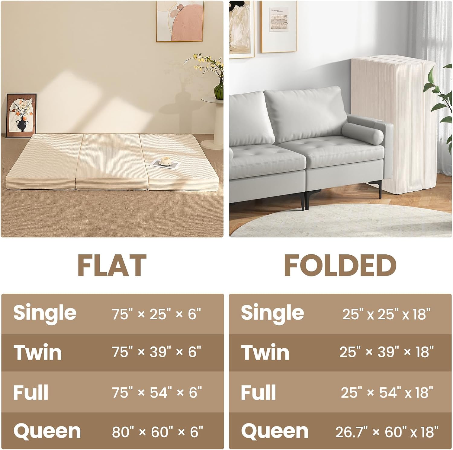 6-Inch Tri-Folding Mattress Queen Size - Foldable Futon Sofa Bed with Removable Washable Cover, Folding Futon Mattress | Non-Slip Bottom & Carry Handles for Guest, Camping, Dorm