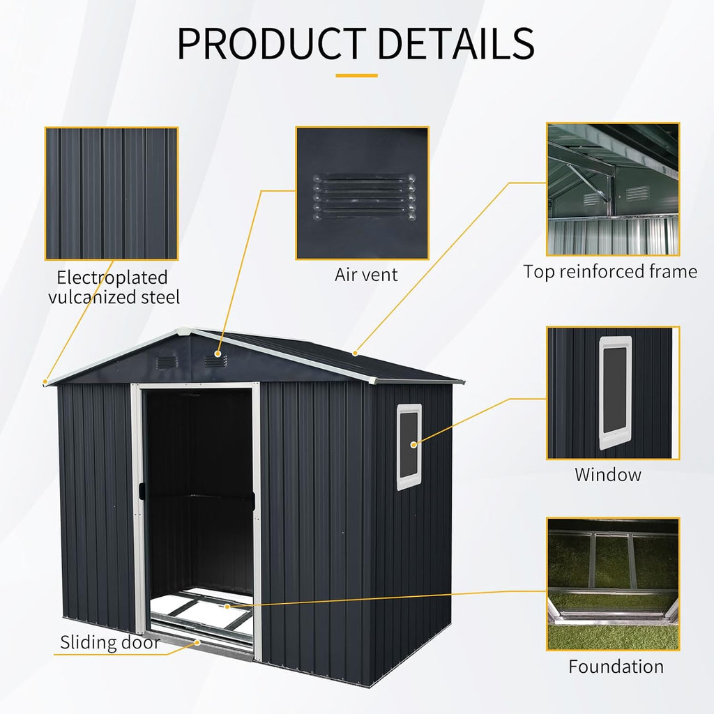 89in*47in Heavy-Duty Outdoor Metal Storage Shed with Floor Foundation & Window - Galvanized Steel Tool Shed, Tiny Home Backyard Solution w/Lock, Shelves & Anchors,Black White