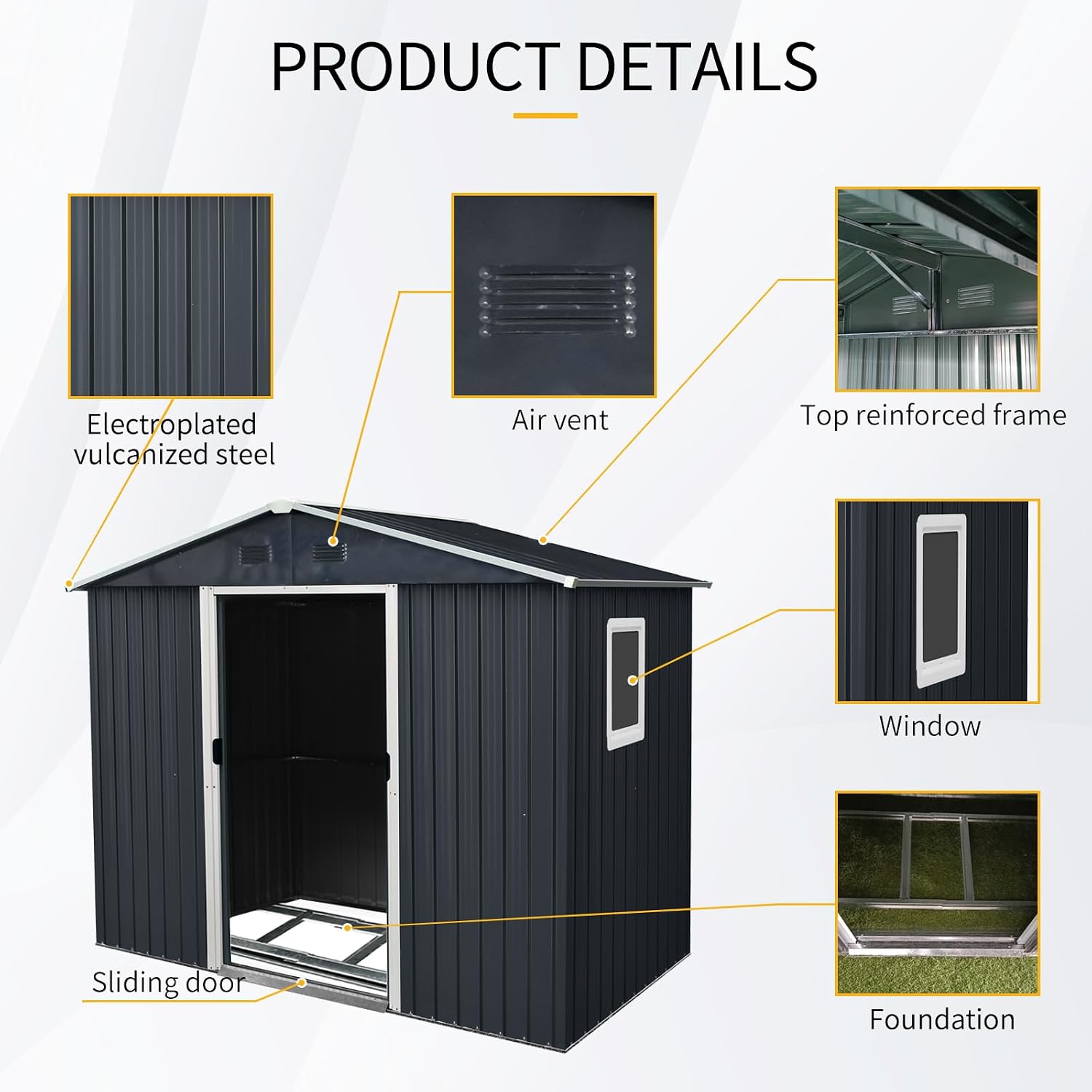 89in*47in Heavy-Duty Outdoor Metal Storage Shed with Floor Foundation & Window - Galvanized Steel Tool Shed, Tiny Home Backyard Solution w/Lock, Shelves & Anchors,Black White