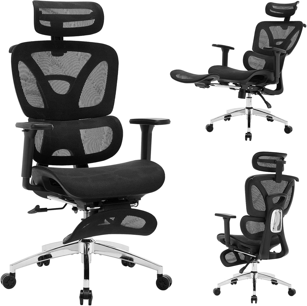 Ergonomic High Back Mesh Reclining Office Chair with Footrest, Dynamic Lumbar Support - Swivel Task Chair for Home & Gaming, Black