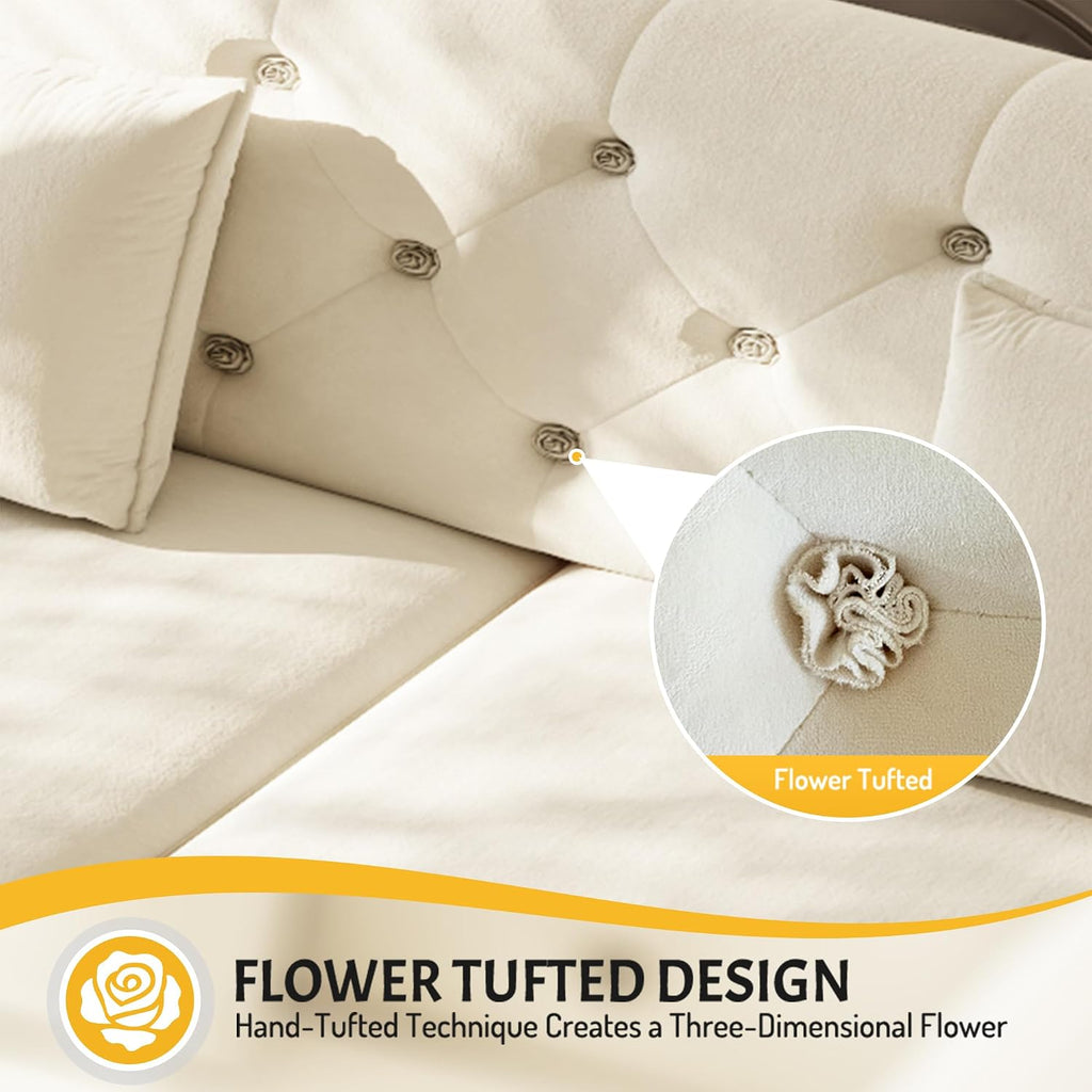 100'' Sleeper Sofa Bed California King Size, Flower Tufted Pull Out Couch, Chesterfield Velvet Futon Couches, Comfy Convertible Modern 4 seat Sofa, 4 Pillows for Living Room, Apartment, Beige