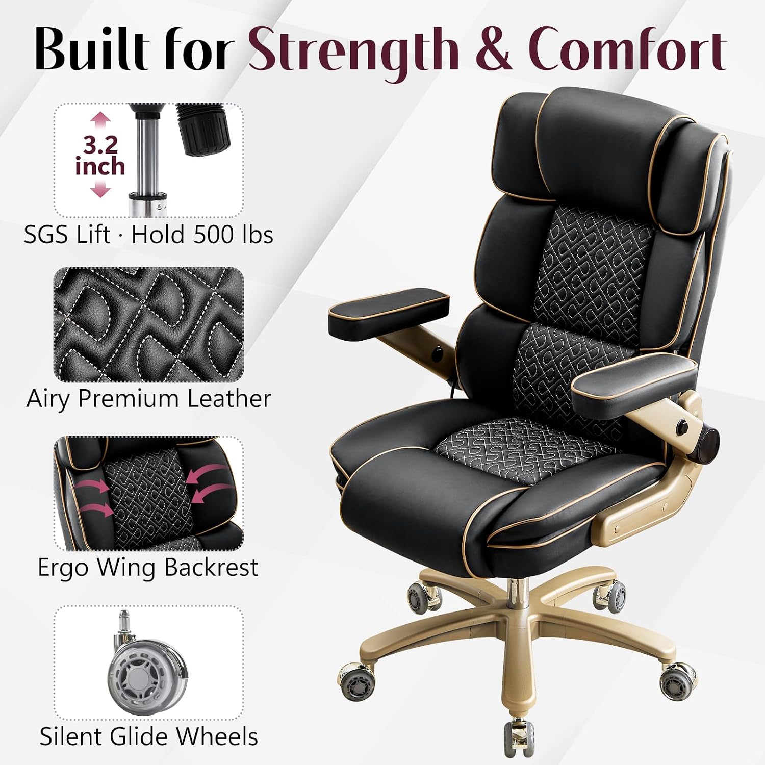 Big and Tall Office Chair 500lbs, Heavy Duty Leather Chair with 5D Armrests Comfortable Seat, High Back Executive Office Chair with Adjustable Lumbar, Large Computer Chair for Home Office, Black