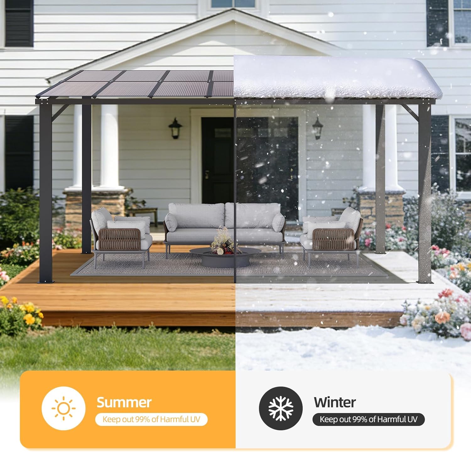 10'×14' Patio Gazebo with Waterproof Fuzzy Strip, Outdoor Gazebo with Innovative Base Support, Wall Mounted Gazebos Pergola with Roof for Backyard, Decks, Garden