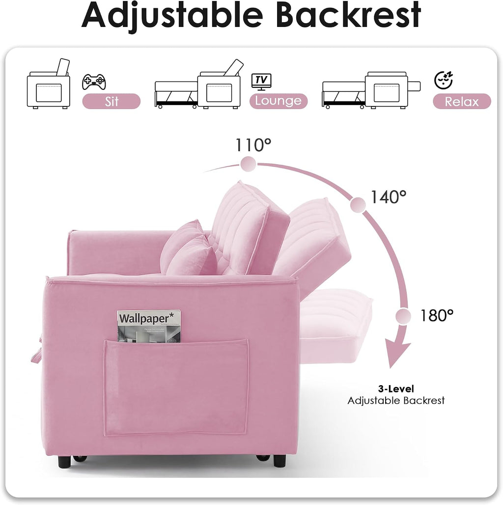 3 in 1 Convertible Sleeper Sofa Bed, 55' Pull Out Couches, Modern Loveseat Sleeper Sofa with Adjustable Reclining Backrest & Side Pockets for Living Room, Velvet Fabric, Pink