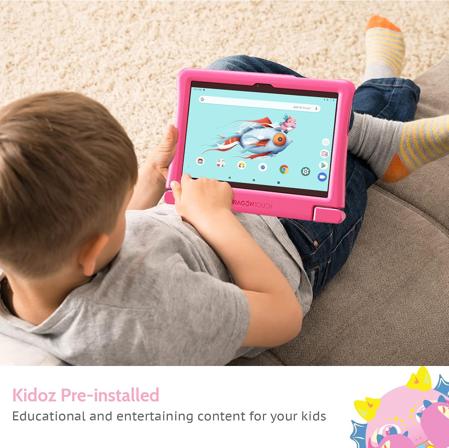 Kids Tablet 10 inch IPS HD Display Android Tablets with 32GB Storage, 2GB RAM, Quad Core Processor, KIDOZ Pre-Installed, Kid-Proof Case, Shoulder Strap and Stylus, WiFi Only – Pink