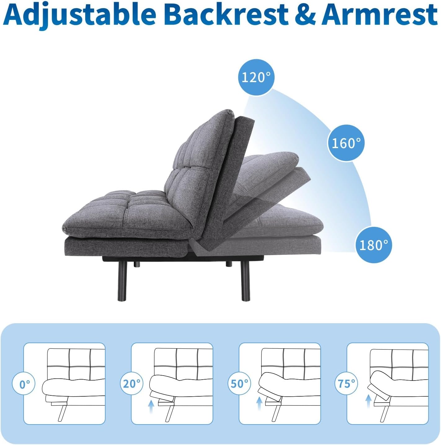 MUUEGM Futon Sofa Bed, 71' Convertible Linen Memory Foam Couch Bed, Modern Backrests Armrests Love Seat for Living Room,Apartment,Office,Charcoal Grey Sleeper Couch