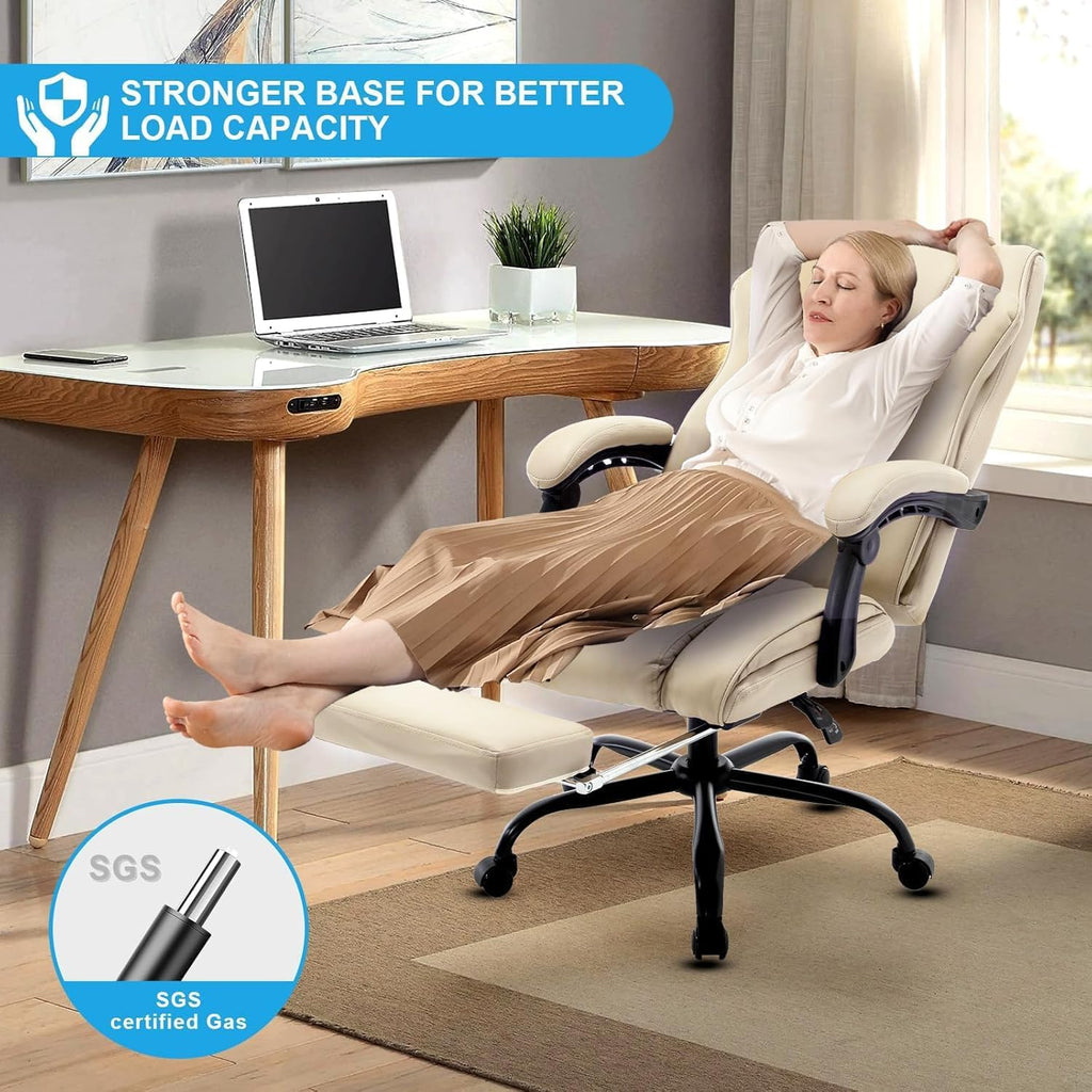 Ergonomic Reclining Office Chair with Footrest, PU Leather Comfortable Recliner Office Desk Chair with Leg Rest Wheels,Beige