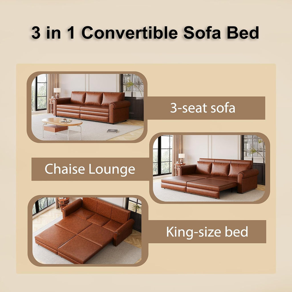 93.7' King Pull Out Sofa Bed, Faux Leather Sleeper Sofa Couch, 3 in 1 Convertible Futon Couches for Living Room, Small Space, Apartment, Office, Bedroom, Modern Rivet Armrest, Light Brown