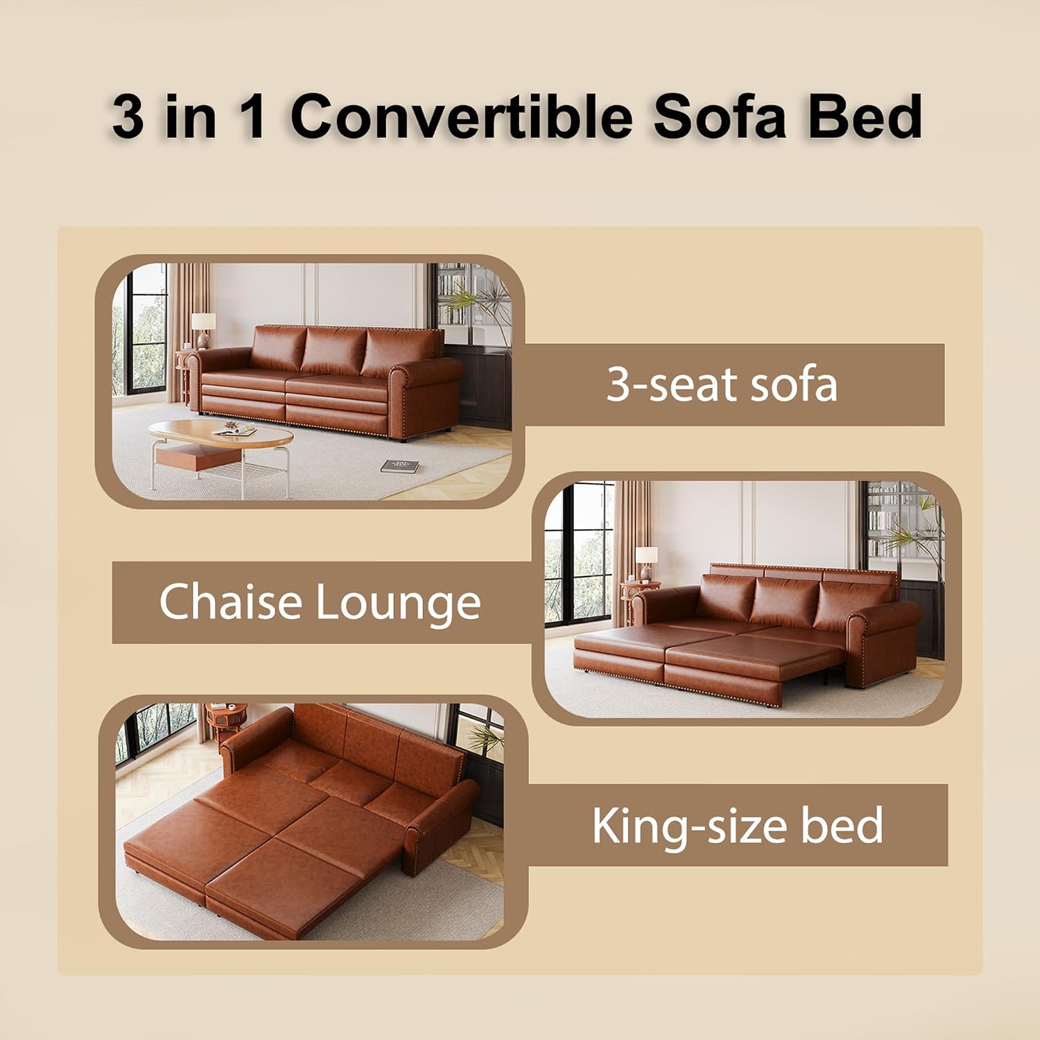 93.7' King Pull Out Sofa Bed, Faux Leather Sleeper Sofa Couch, 3 in 1 Convertible Futon Couches for Living Room, Small Space, Apartment, Office, Bedroom, Modern Rivet Armrest, Light Brown