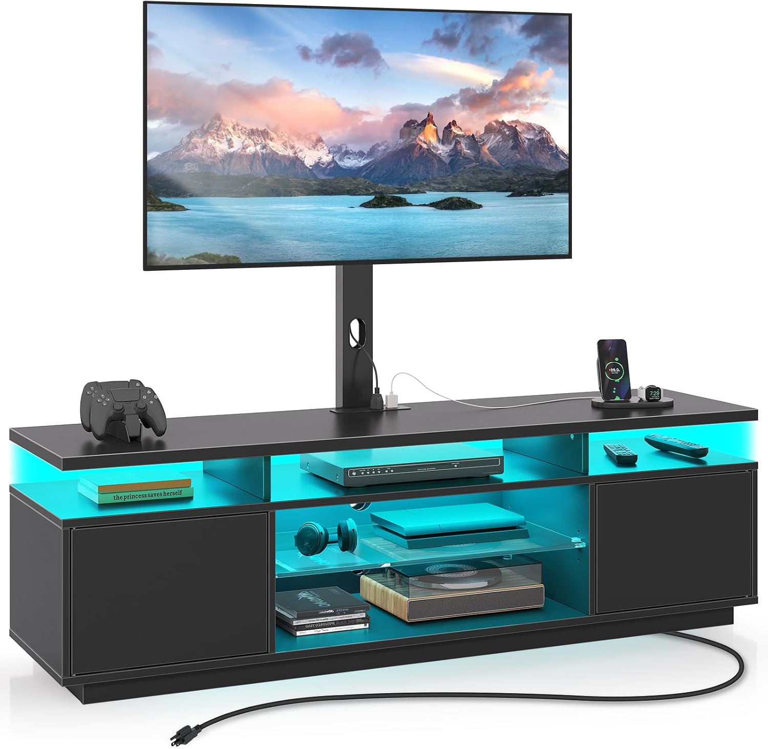 Rolanstar TV Stand with Mount and Power Outlet 59.1', Swivel TV Stand Mount for 32/45/55/60/65/70 inch TVs, Height Adjustable Modern Entertainment Center with Storage & LED Lights, Black TV Table