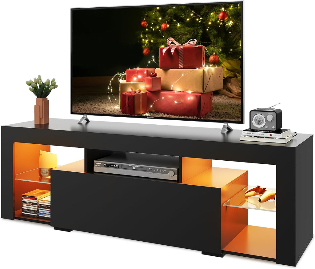 WLIVE TV Stand with LED Lights & 2 Large Storage Drawers, Modern Entertainment Center for 32/43/50/55/60 Inchs TVs, Sturdy TV Console for Living Room, Bedroom(Black)