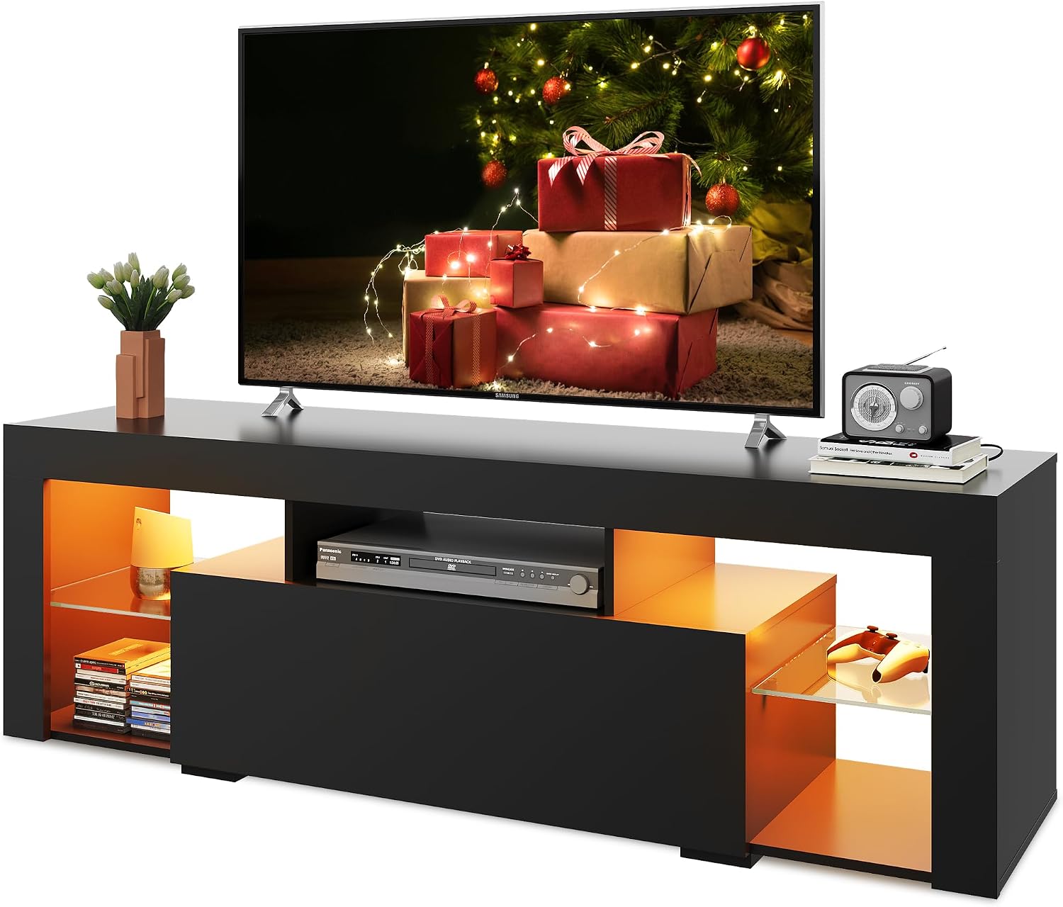 WLIVE TV Stand with LED Lights & 2 Large Storage Drawers, Modern Entertainment Center for 32/43/50/55/60 Inchs TVs, Sturdy TV Console for Living Room, Bedroom(Black)