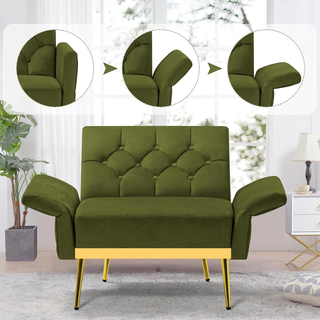 2 Pieces Velvet Sofa Set w/Adjustable Armrests and Backrests, Tufted Accent Chair w/Ottoman, Convertible Futon Sofa Bed for Bedroom, Living Room, Apartment, Olive Green