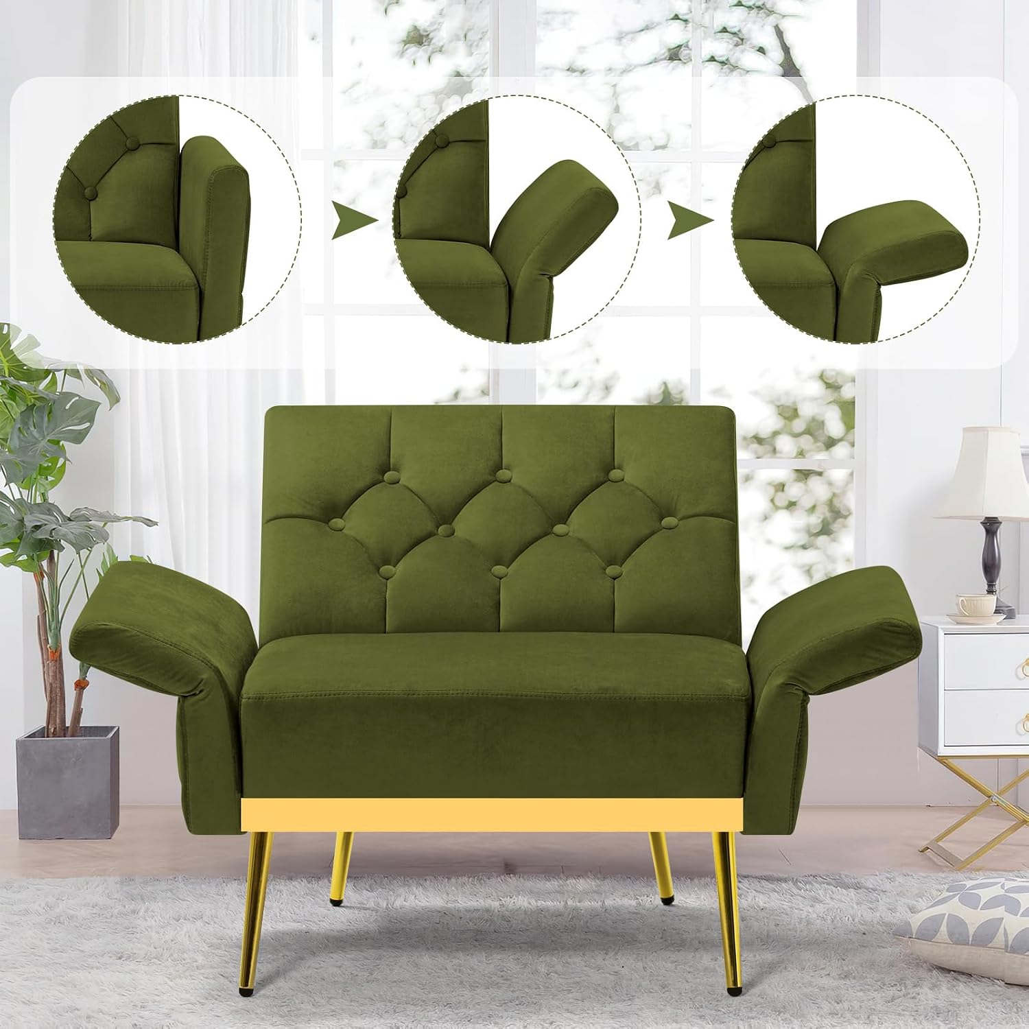 2 Pieces Velvet Sofa Set w/Adjustable Armrests and Backrests, Tufted Accent Chair w/Ottoman, Convertible Futon Sofa Bed for Bedroom, Living Room, Apartment, Olive Green