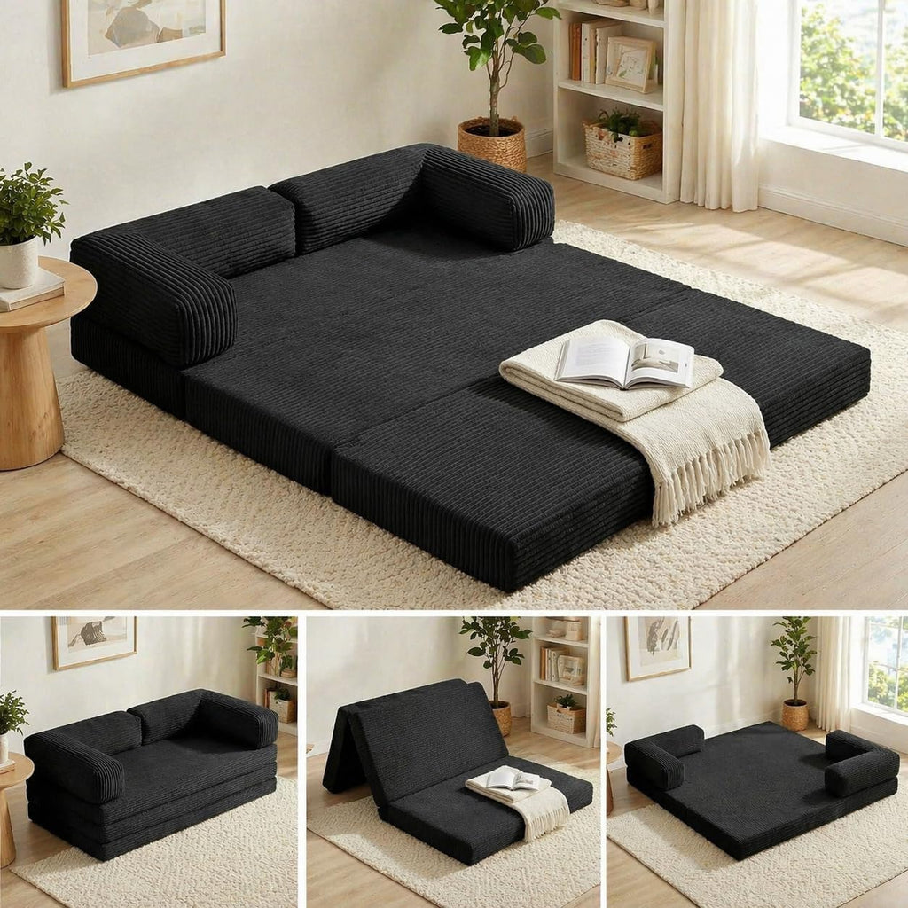 Convertible Sofa Bed Queen,5-in-1 Tri-Fold Boneless Couch with Removable Armrests & Handle,Corduroy Futon Sleeper Sofa,Floor Folding Mattress Pull Out Bed for Small Space Living Room Bedroom,Black