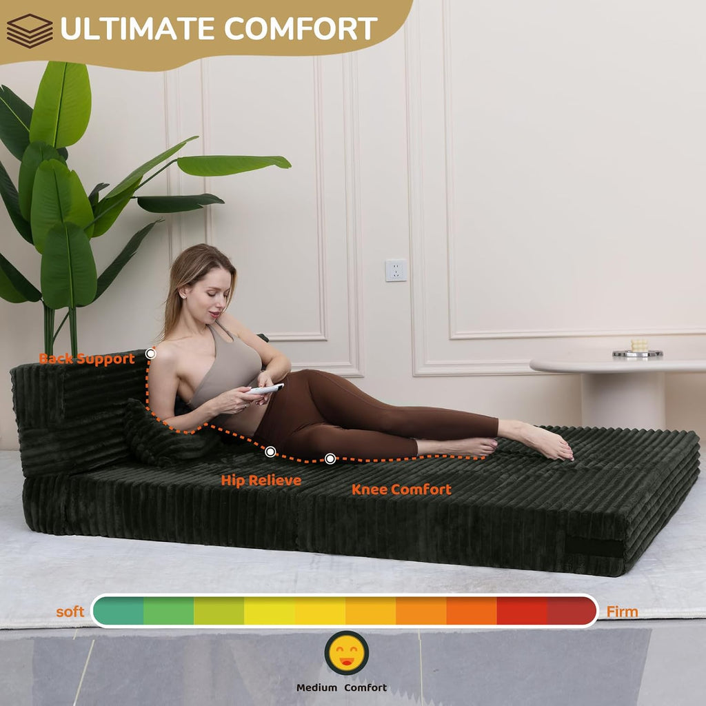 Fvkind Folding Sofa Bed Queen Size, Convertible Sleeper Chair Loveseat with Pillow, Futon Chair Sofa Bed, Fold Out Floor Couch, Foldable Mattress for Living Bedroom Guest Room Dorm, Charcoal Moss Grey
