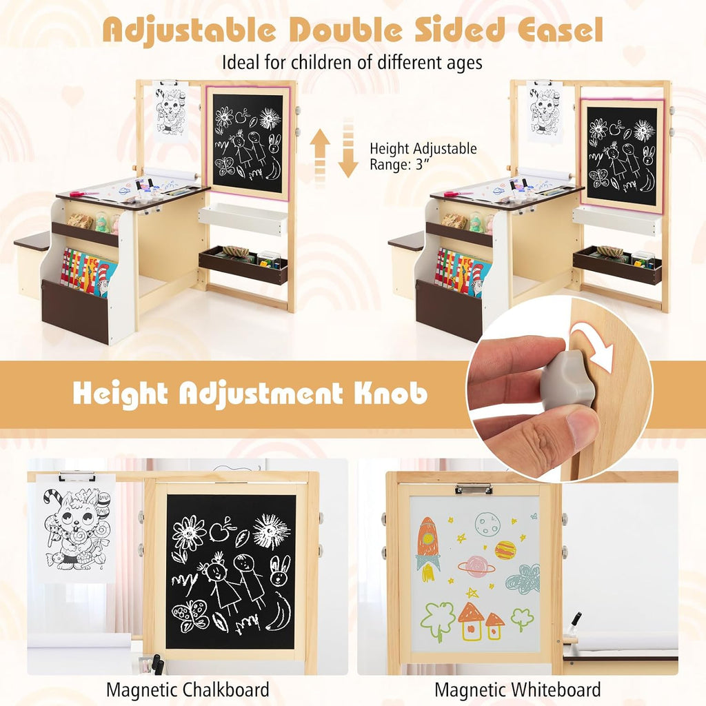 HONEY JOY Kids Art Easel, 6-in-1 Wooden Double-Sided Toddler Table & Chair Set w/Adjustable Magnetic White Board & Chalkboard, Paper Roll, Bookshelf, Storage, Kids Art Table and Chair (Coffee)