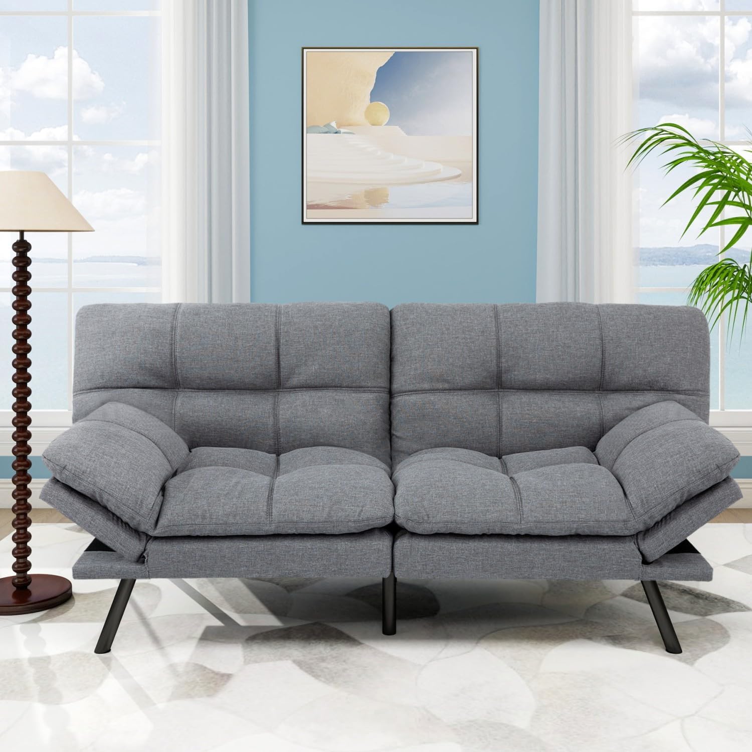 MUUEGM Futon Sofa Bed, 71' Convertible Linen Memory Foam Couch Bed, Modern Backrests Armrests Love Seat for Living Room,Apartment,Office,Light Grey Sleeper Couch