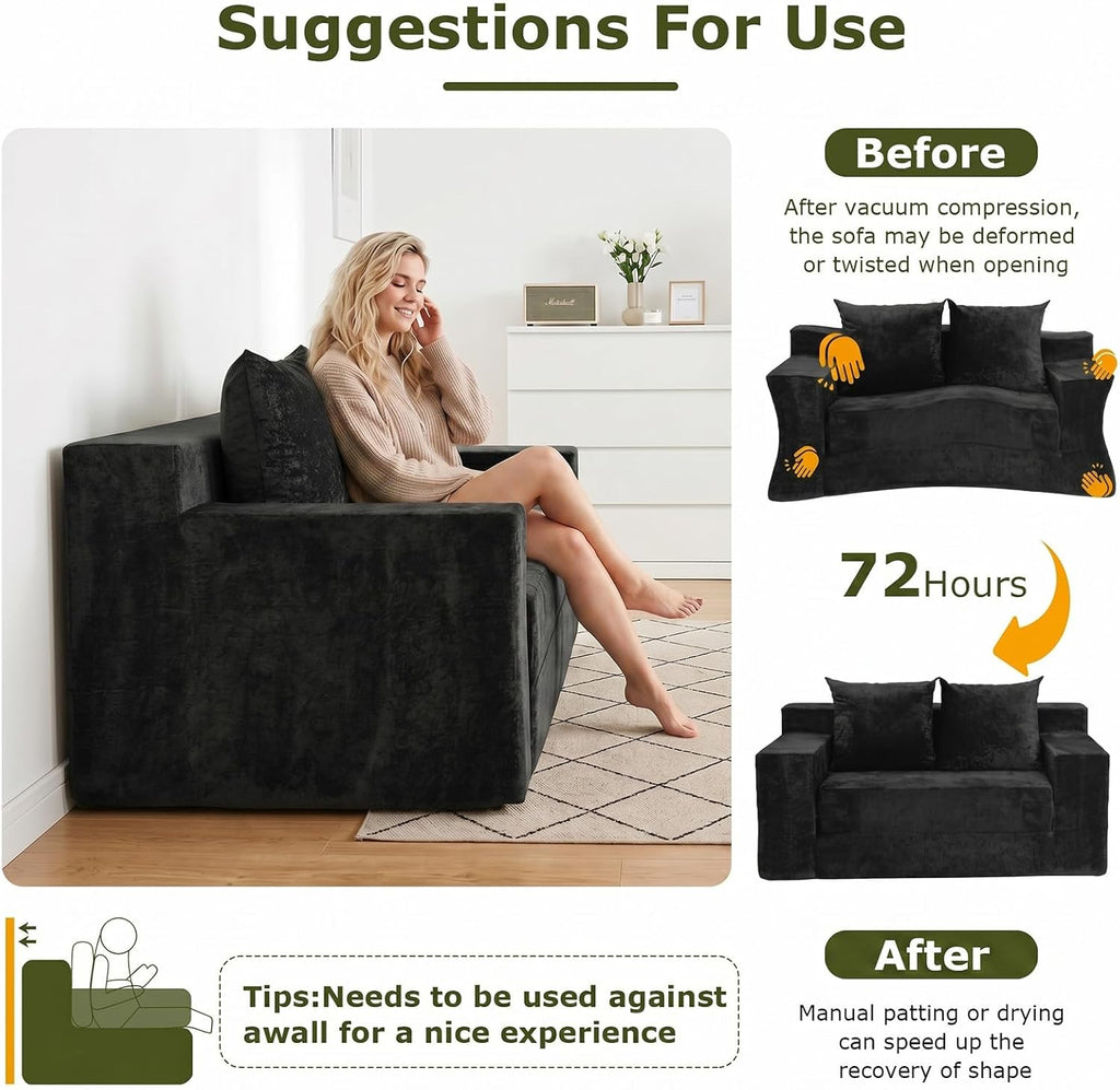 Boneless Couch Loveseat Sleeper, Convertible Sofa Bed Folding Couch Bed, Boneless Chair Bed & Futon Sofa Bed, Small Pull Out Couch Foldable with 4 Pillows for Living Room, Black