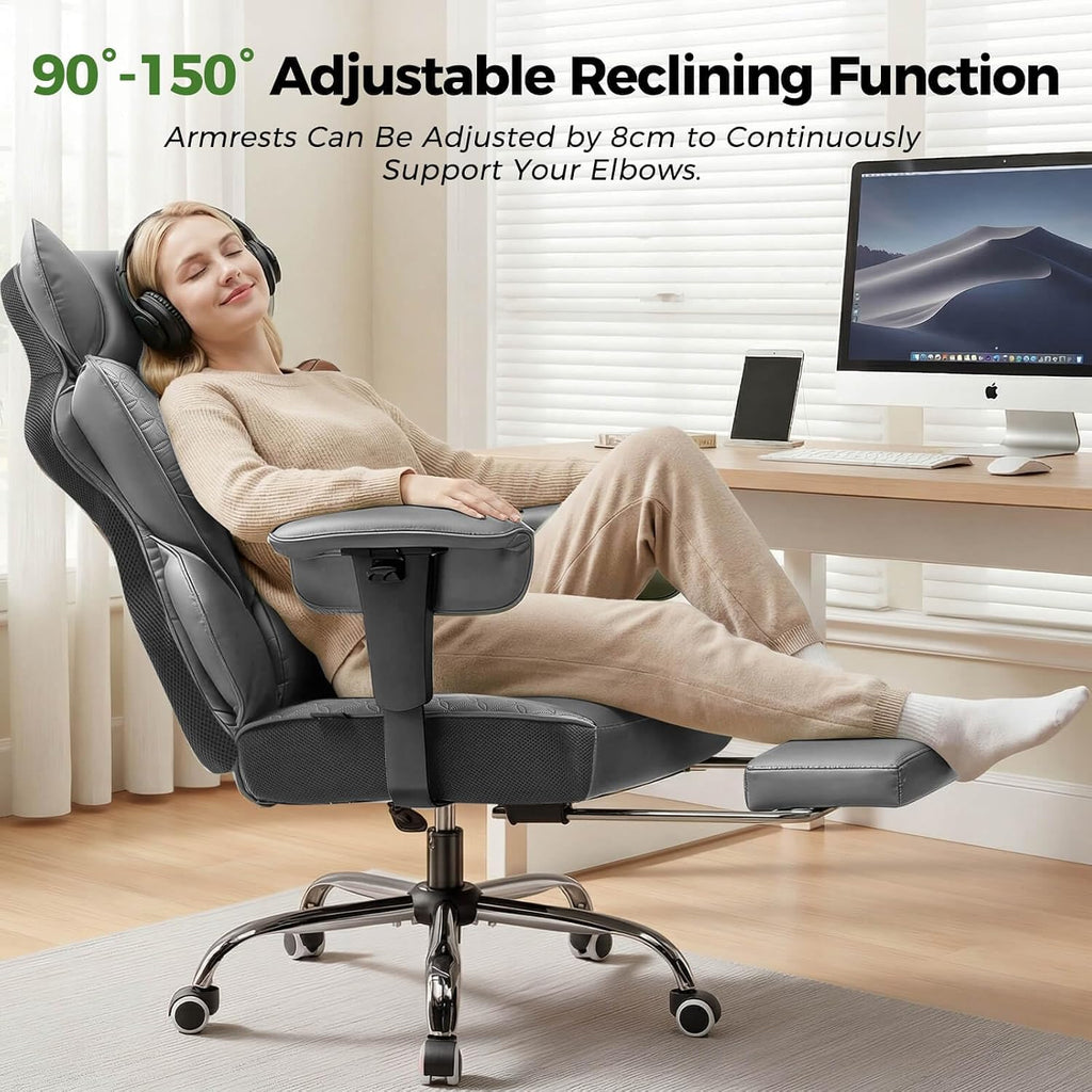 GTPOFFICE Big and Tall Office Chair 400LBS Wide Seat Computer Gaming Chair with Footrest & Comfy Lumbar Support, Leather High Back Executive Chair with Ergonomic Pressure Relief Seat Cushion, Gray