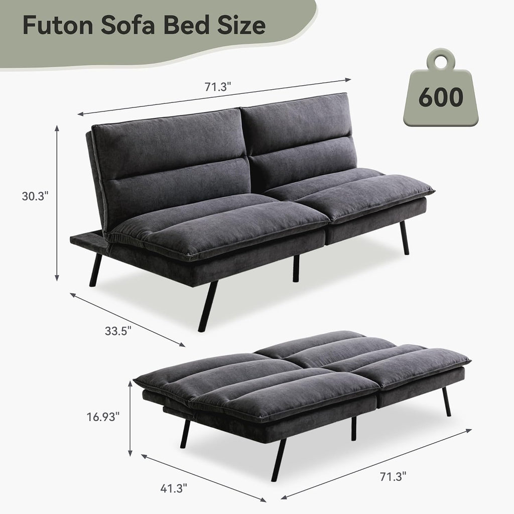 Memory Foam Futon Sofa Bed,Linen Fabric Futon Couch,Convertible Armless Futons,Small Splitback Loveseat Sleeper Sofa Bed for Living Room,Office,Apartment,Pure Black