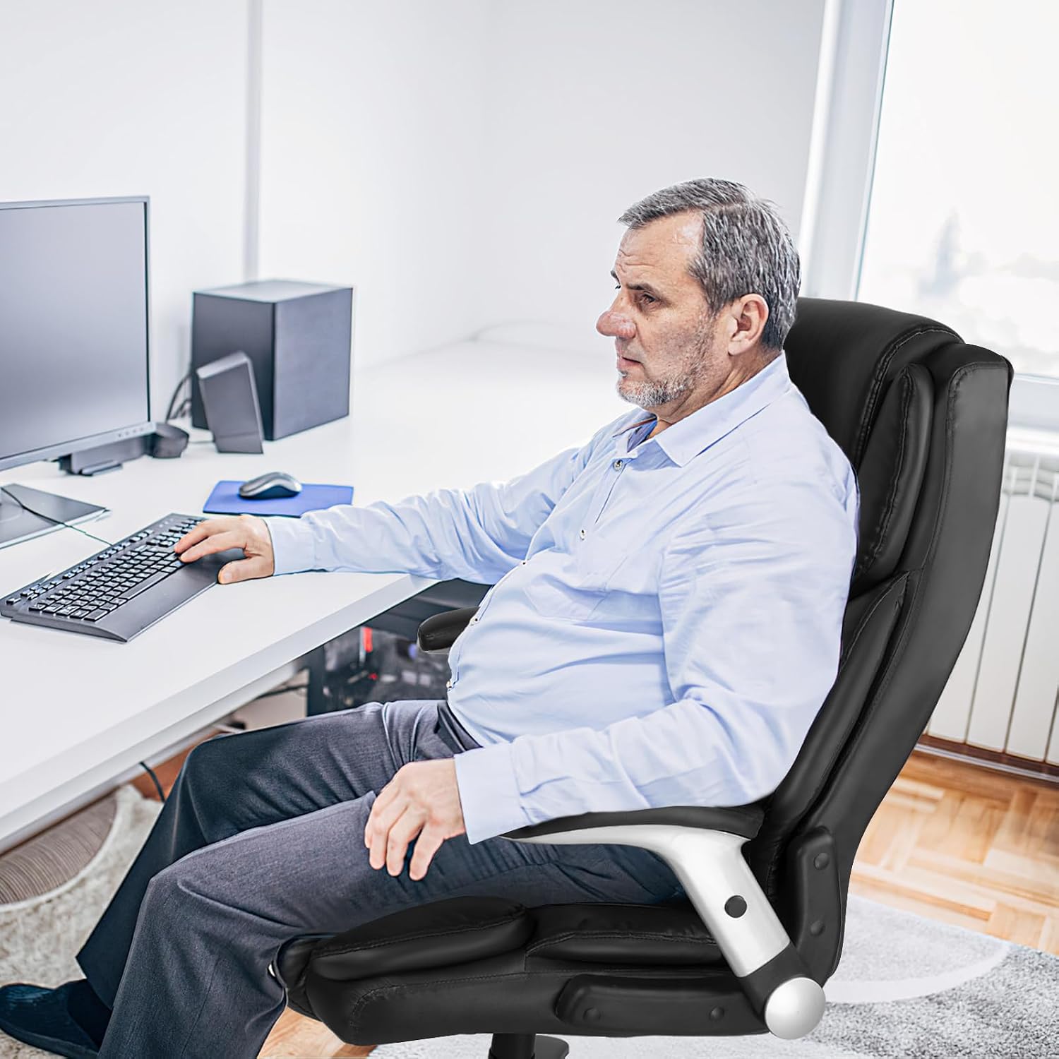 LEMBERI 600 Lbs Big and Tall Office Chair for Heavy People, Ergonomic PU Leather High Back Executive Comfy Computer Chair with Lumbar Support, Heavy Duty Wide Seat Thick Padded Office Chairs (Black)