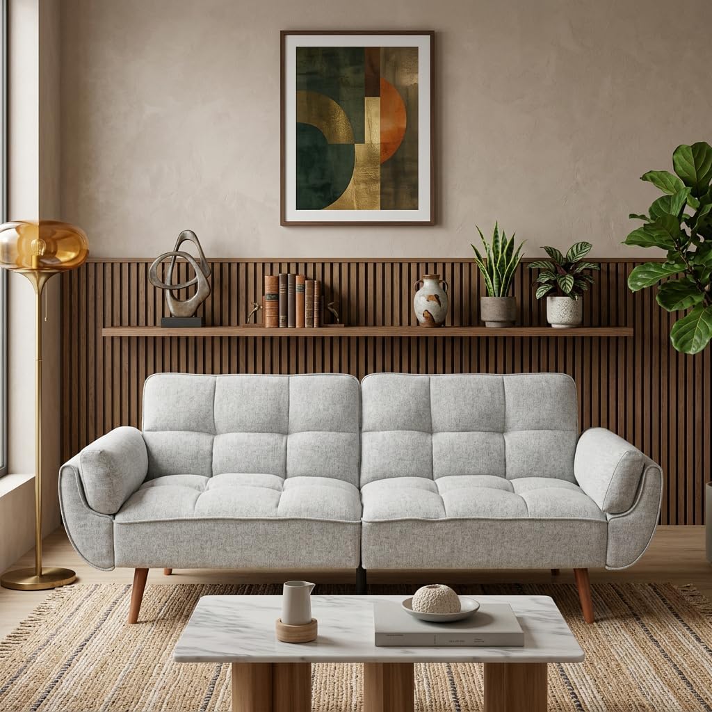 Convertible Futon Sofa Bed, Modern Futon Couch with 2 Pillows, Small Futons Couch with Adjustable Armrest & Backrest, Loveseat Sofa Bed for Living Room, Bedroom, Gray