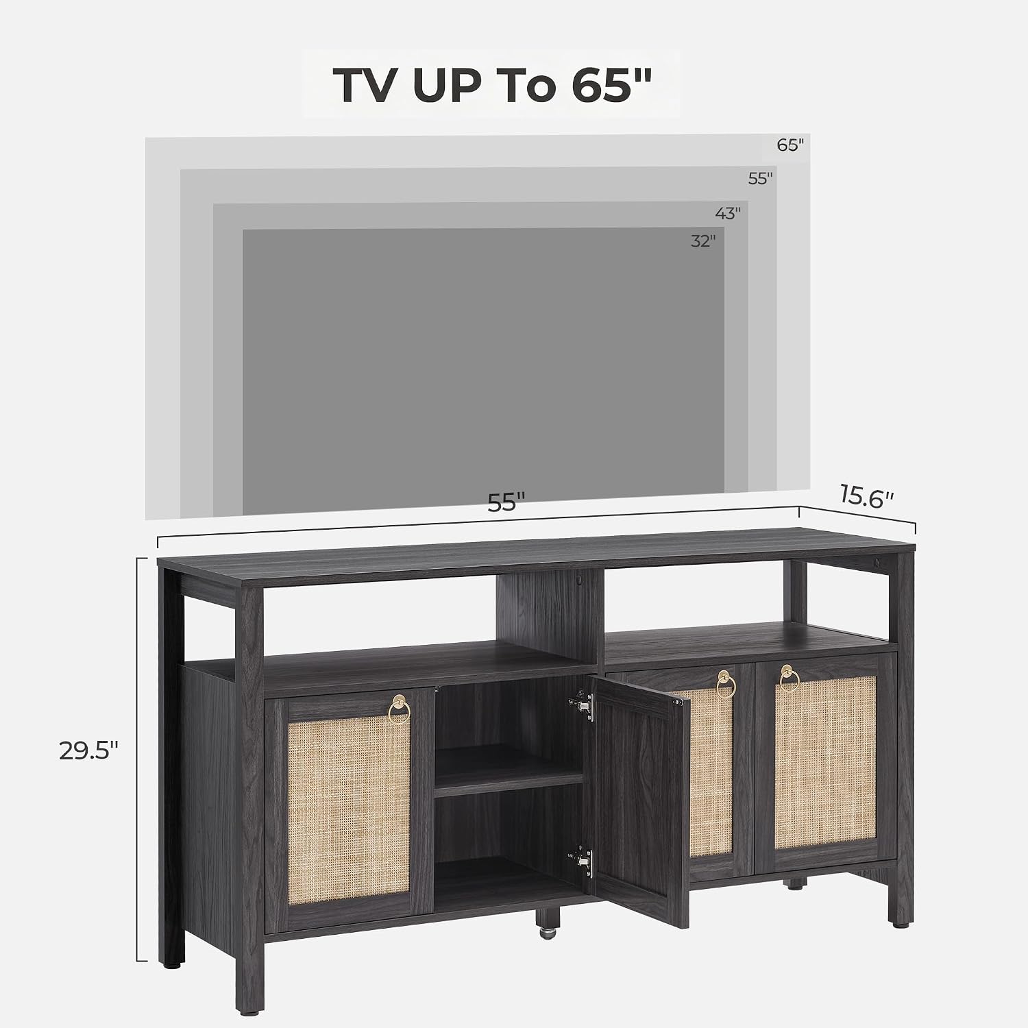 SICOTAS Rattan TV Stand for Television up to 65 Inch - 29.5' Tall Entertainment Center with Storage and Open Shelves,Boho Credenza TV Console Cabinet with 4-Doors and Adjustable Shelf for Living Room