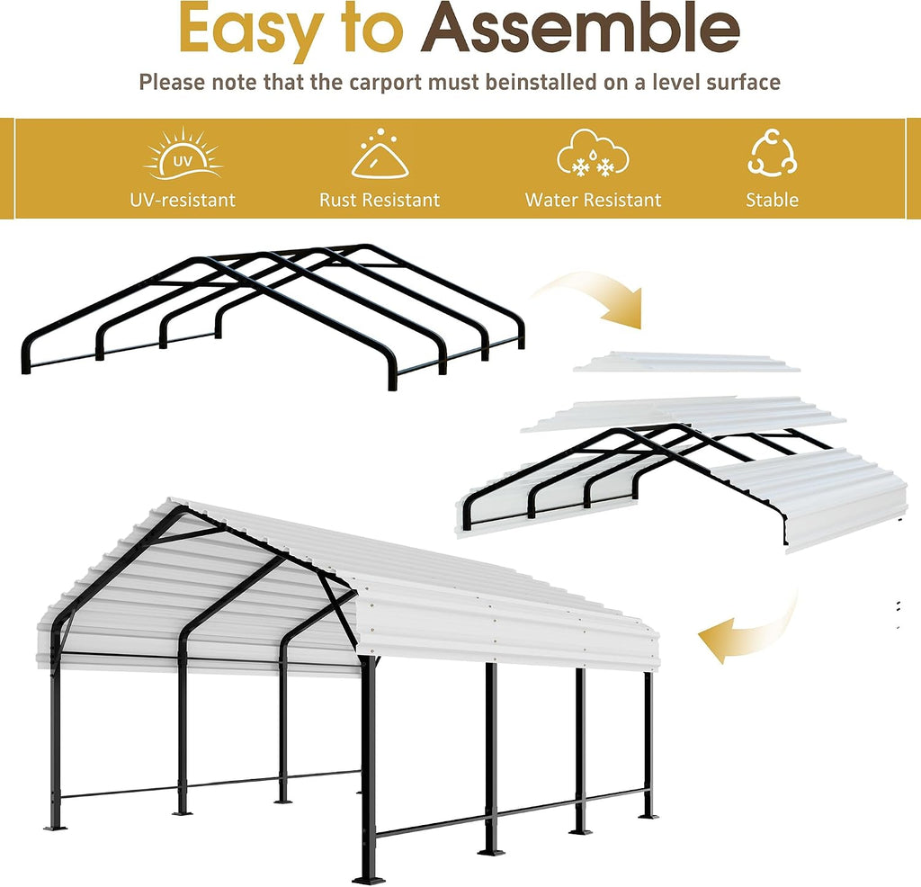JAMFLY Carport, 12X20 ft Metal Carport, Heavy Duty Canopy with Galvanized Steel Roof and Frame, Metal Car Garage Upgraded Extra Large Garage for Pickup, Boat, Car and Tractors, White