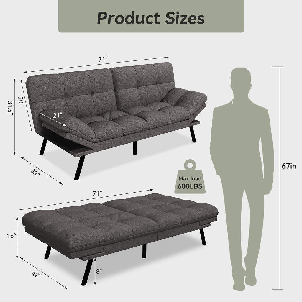 Convertible Futon Sofa Bed,71' Memory Foam Futon Couch,Detachable Cushion,Adjustable Backrest & Armrest,Linen Modern Loveseat Sleeper Recliner for Living Room,Office,Apartment,Retro Grey