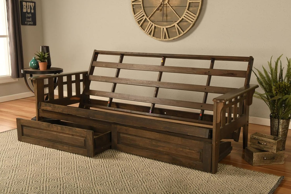 FutonX Rustic Walnut Frame and Mattress Set with Choice to add Drawers, 8 Inch Innerspring Futon Sofa Bed Full Size Wood (Kodiak Bear Matt, Frame and Drawers)