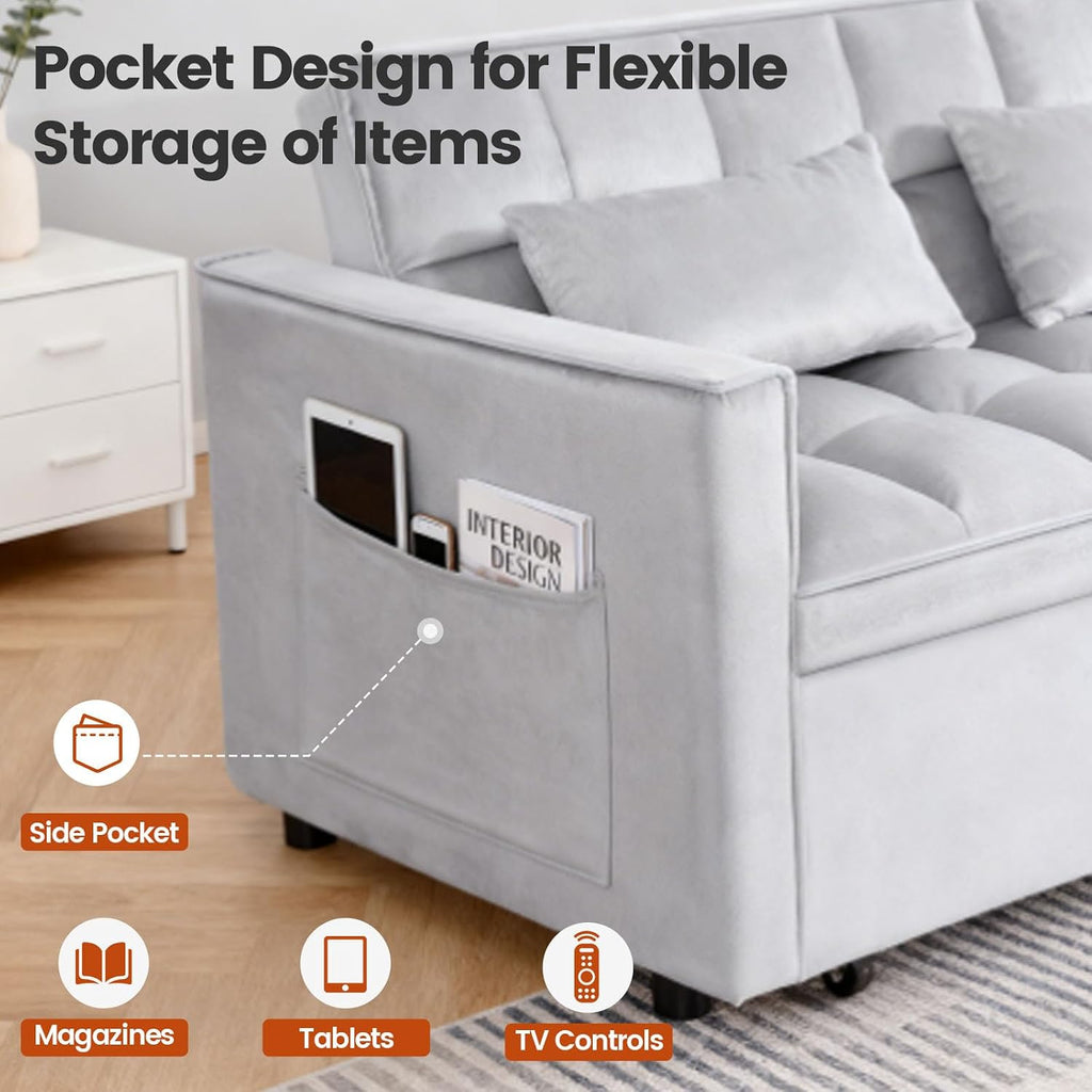 3 in 1 Convertible Sofa Bed, Love Seat Sleeper Bed with Side Pockets, Velvet Fabric Pull Out Couch with Adjustable Backrest for Living Room, Bedroom, Apartment, Gray