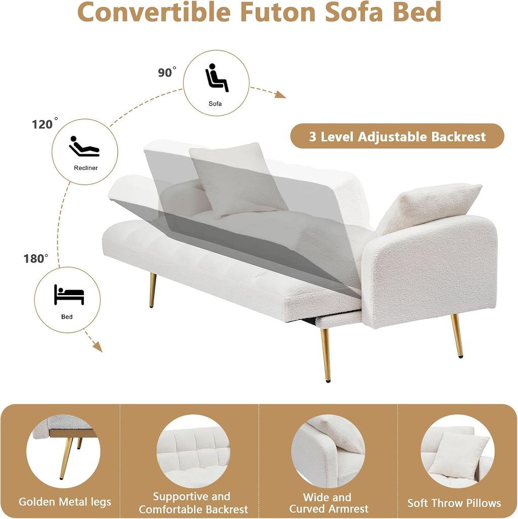 Teddy Futon Sofa Bed,69' Modern Small Love Seat Couch for Small Spaces,Convertible Tufted Sleeper Sofa Loveseat Couch Bed with Gold Metal Legs for Living Room,Bedroom (Teddy Beige)