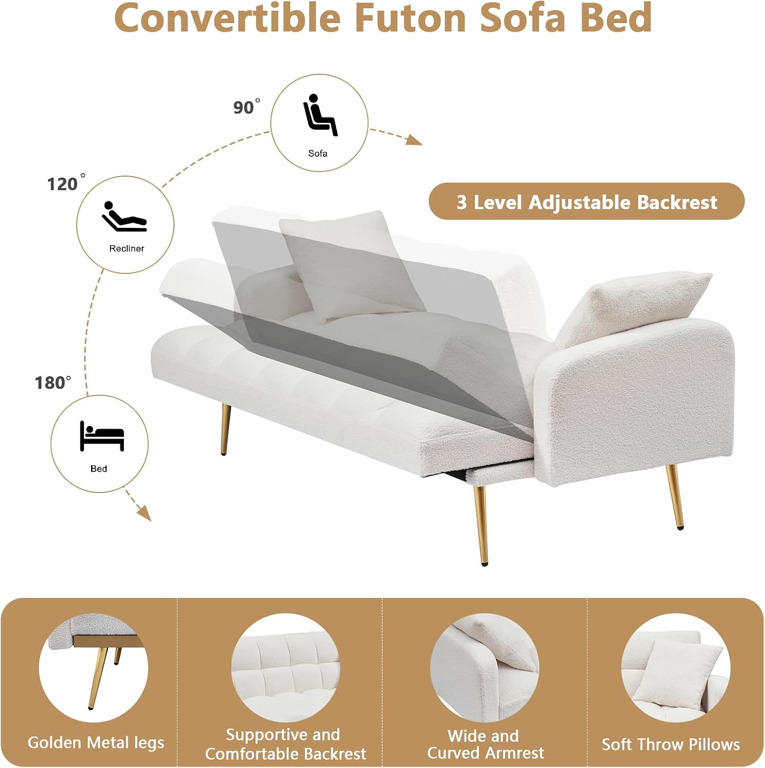 Teddy Futon Sofa Bed,69' Modern Small Love Seat Couch for Small Spaces,Convertible Tufted Sleeper Sofa Loveseat Couch Bed with Gold Metal Legs for Living Room,Bedroom (Teddy Beige)