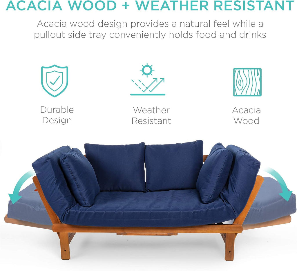 Best Choice Products Outdoor Convertible Acacia Wood Futon Sofa Furniture for Patio, Balcony, Poolside, Backyard w/Pullout Tray, Removable Weather-Resistant Cushion & 4 Pillows - Navy Blue