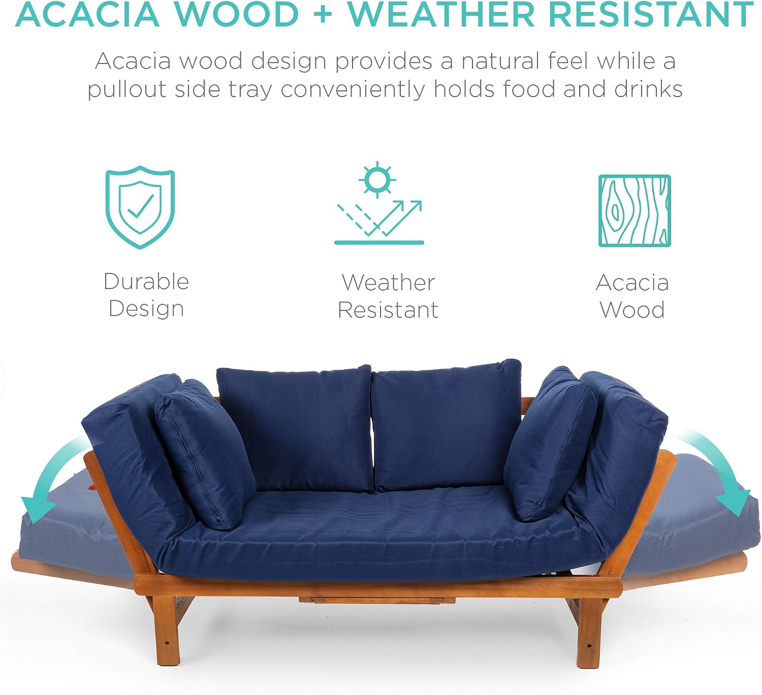 Best Choice Products Outdoor Convertible Acacia Wood Futon Sofa Furniture for Patio, Balcony, Poolside, Backyard w/Pullout Tray, Removable Weather-Resistant Cushion & 4 Pillows - Navy Blue