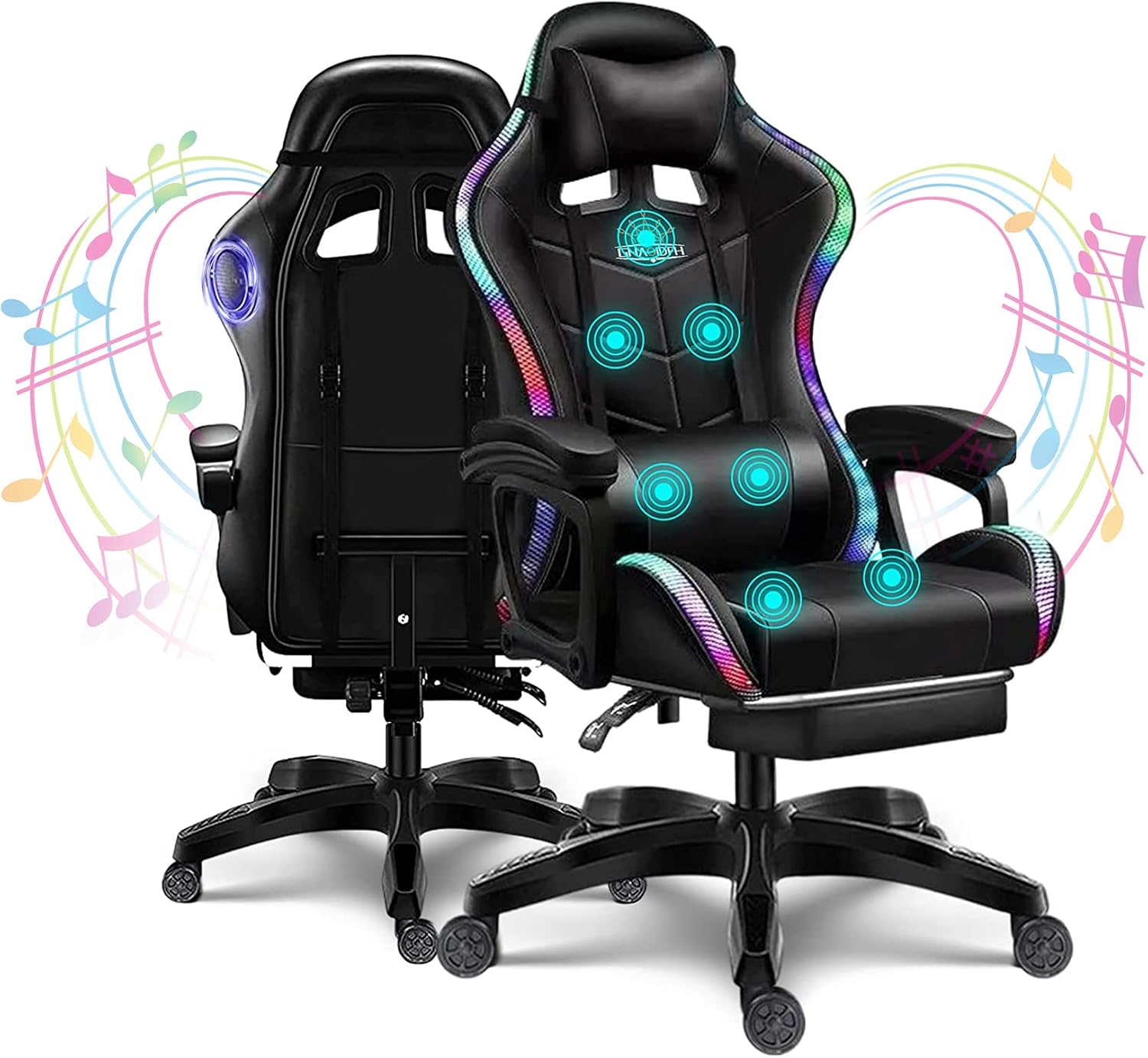 LED Gaming Chair Ergonomic Massage Racing Computer Chairs High Back Video Game Chairs with Speakers PU Leather with Footrest Headrest Lumbar Support Office Desk Chair for Adults Teens,Black