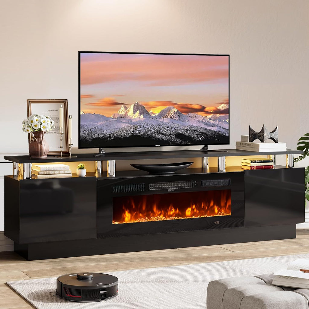 70' TV Stand for Living Room, Modern Entertainment Center & Media Console, Fits TVs up to 80', Storage Cabinet with Shelves, 36' Electric Fireplace with LED Flame (All Black)