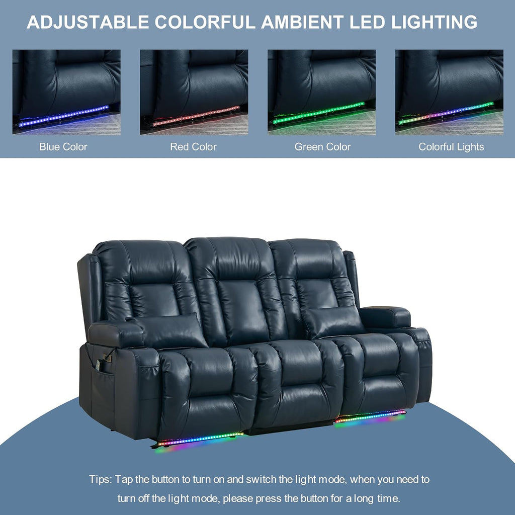 TUNYI Power Loveseat Recliner Sofa with Massage & Heat Home Theater Seating with Console RV Recliner Loveseat Sofa with USB/Storage/Side Pocket/LED Light/Speaker (Blue, 3 Seat)