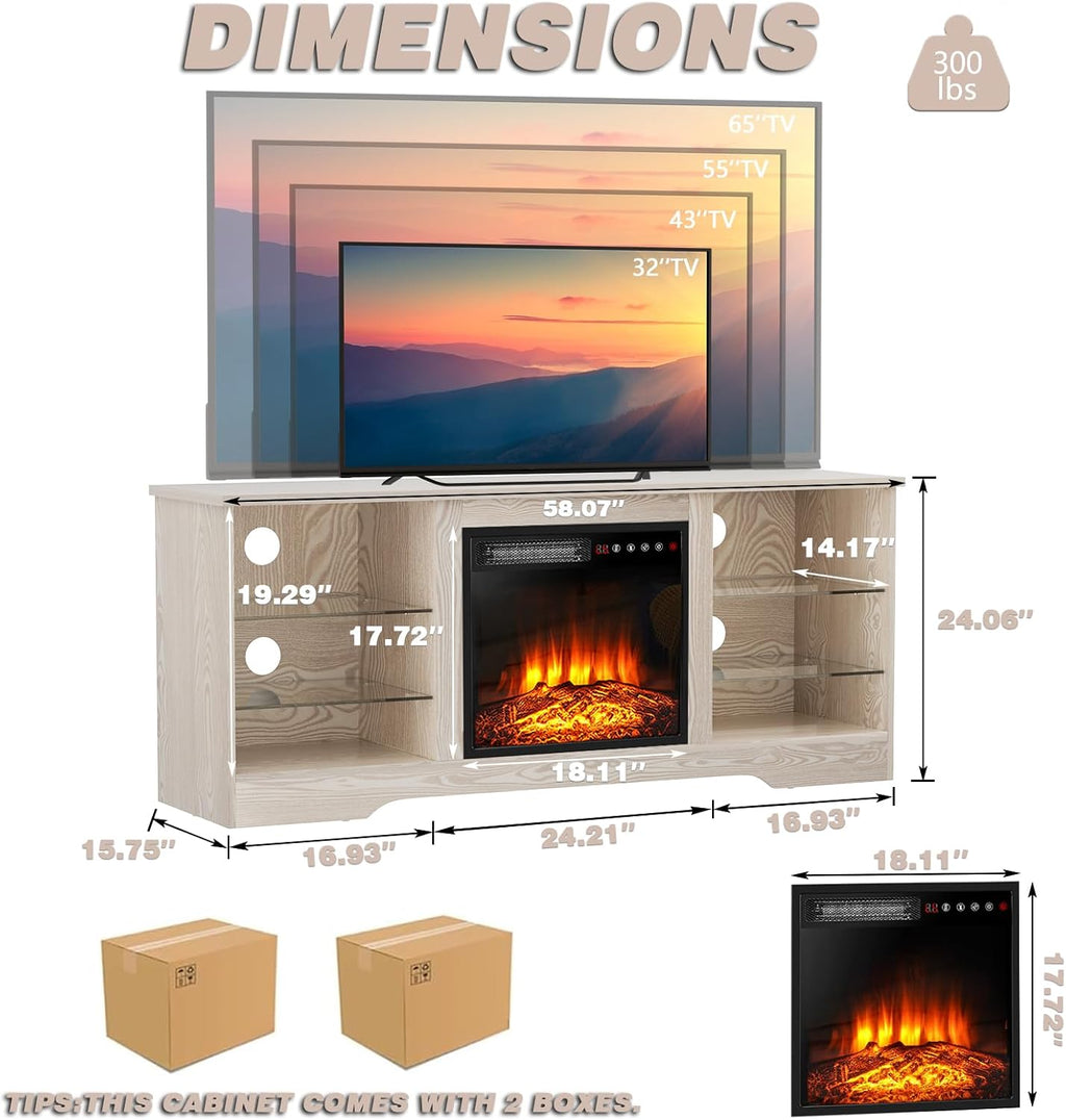 LEMBERI 58 Inches Fireplace TV Stand for TVs up to 65 Inches Console with 18'' Electric Fireplace & Remote, Wooden Modern Entertainment Center for Living Room with LED Light Glass Shelves (Beige)