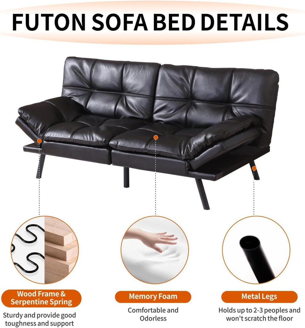 MUUEGM Futon Sofa Bed 71' Convertible Memory Foam Shiny Black Futon Couch Bed Modern Loveseat Sleeper with Adjustable Backrests Armrests for Living Room,Small Space,Office