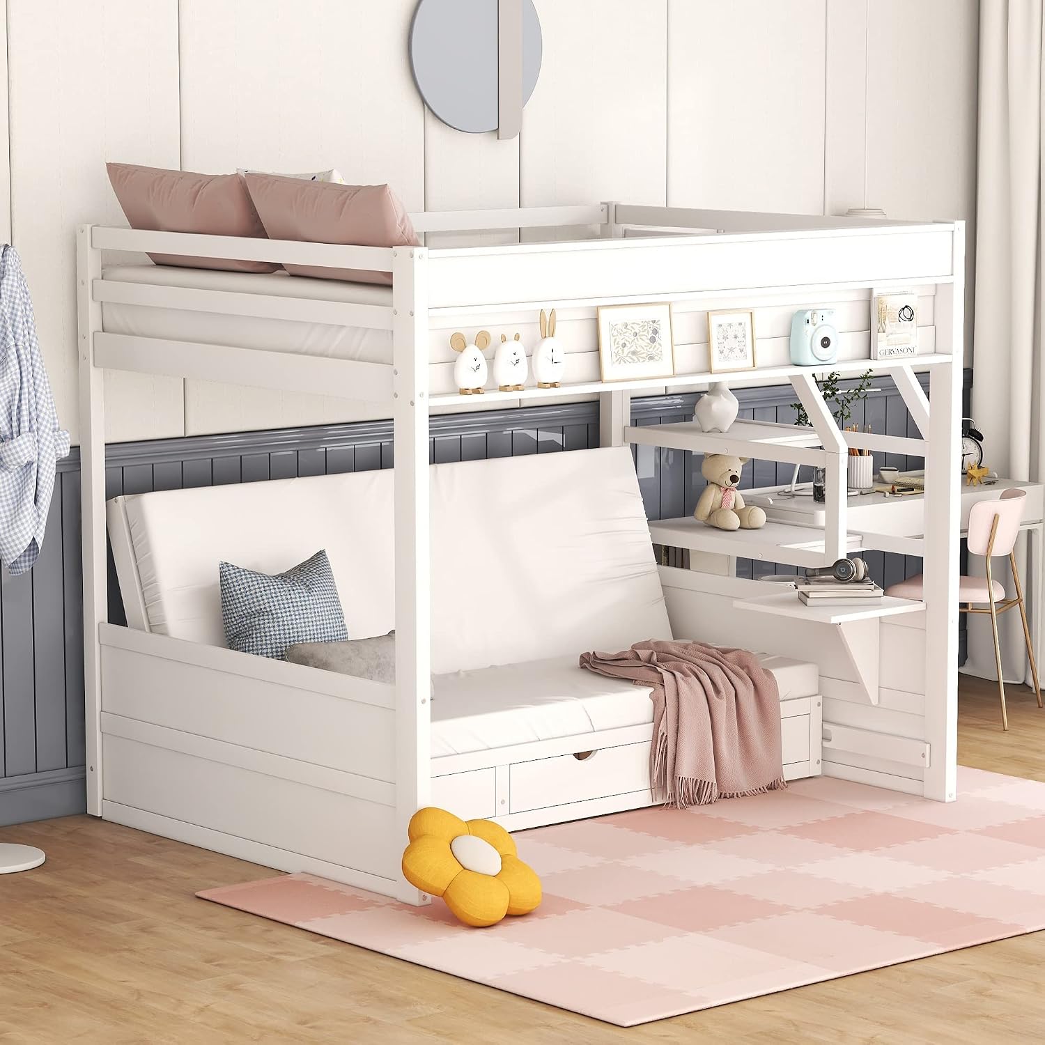 Futon Bunk Beds with Stairs,Full Over Full/Futon Bunk Beds with 3 Storage Drawers & Small Table,Bottom Bed Can Be Converted Into Daybed,Wood Full Loft Bed Frame for Kids Teens,White