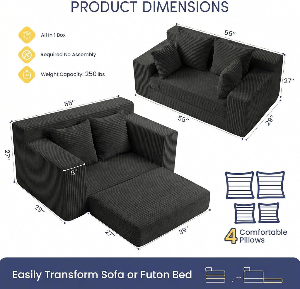 cidludto Boneless Couch Loveseat Sleeper, Convertible Sofa Bed Folding Couch Bed Foldable, 2 in 1 Boneless Chair Bed & Futon Sofa Bed, Small Pull Out Sofa with 4 Pillows for Living Room, Black | No Assembly, Convertible, 2 in 1, Pull Out Handle, 4 Pillows